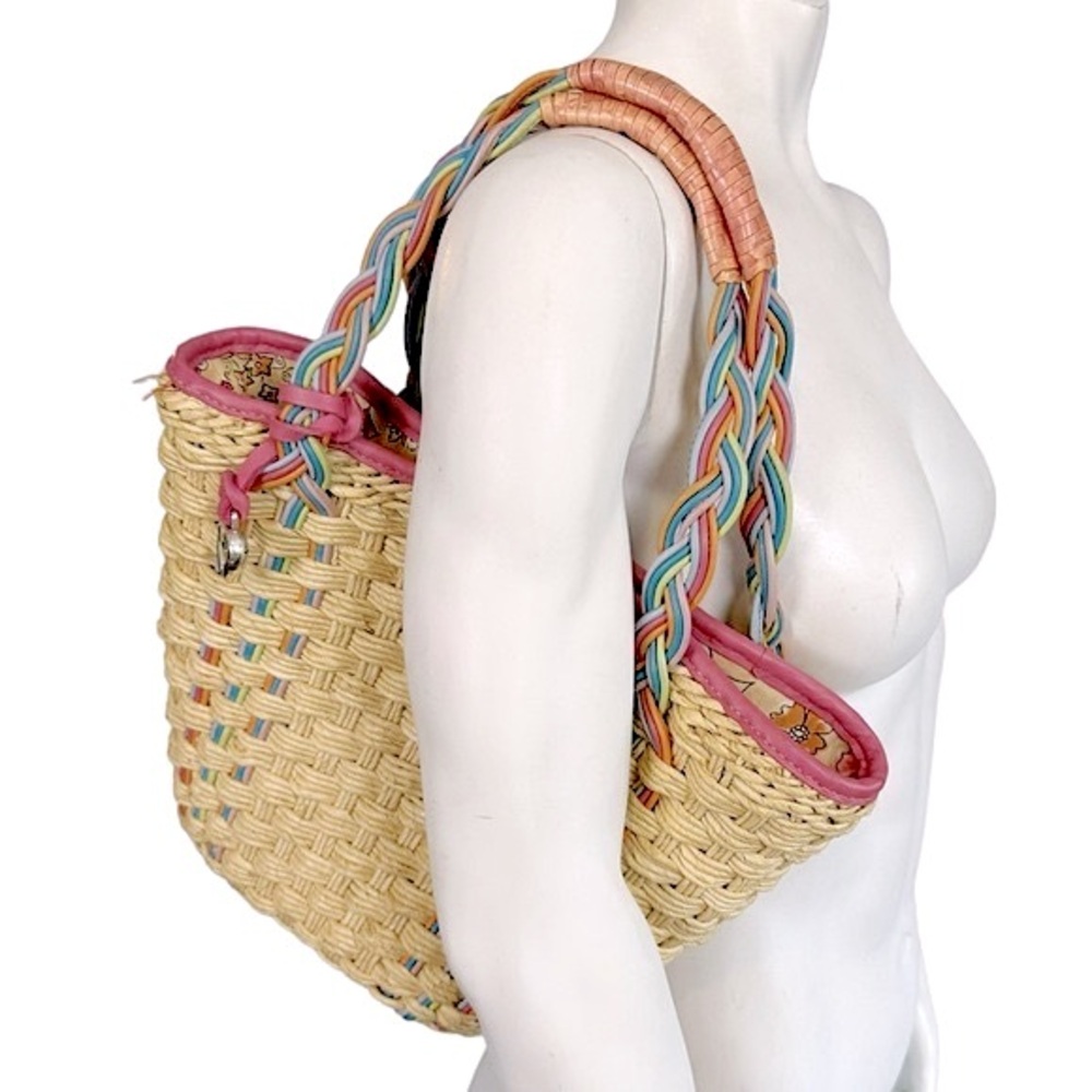 VINTAGE Y2K VIENNA Brighton Woven Straw Multicolor Leather Bucket Tote Bag